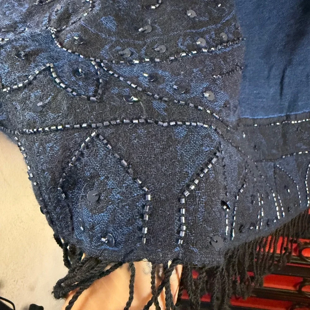 Whimsigoth Blue Black Beaded Sequin Floral Goth Fairy Fringe Scarf/Shawl